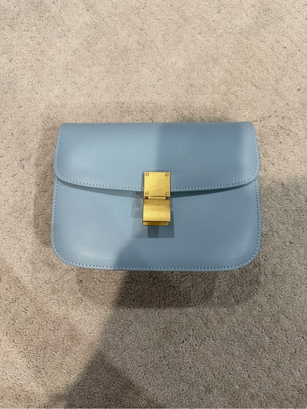 Celine Style Light Blue Leather Bag with Gold Lock